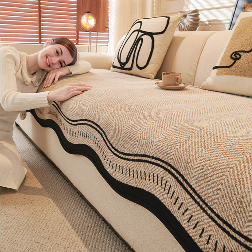 Antislip Herringbone Chenille Bankhoezen met Golvende Randen