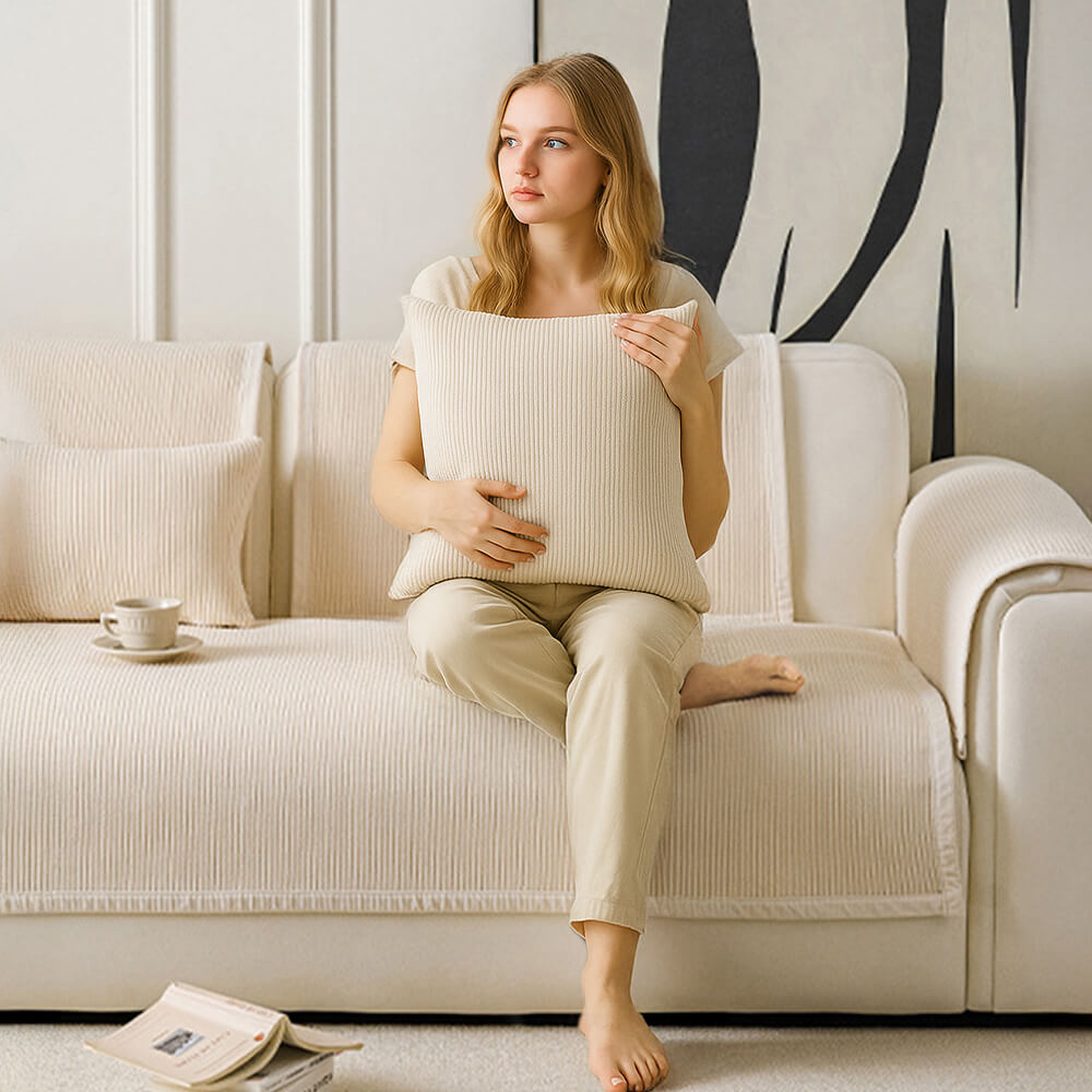 Moderne Crème Verticale Strepen Fleece Bankhoes voor Alle Seizoenen