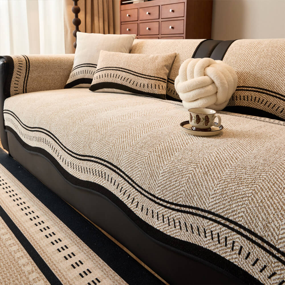 Antislip Herringbone Chenille Bankhoezen met Golvende Randen