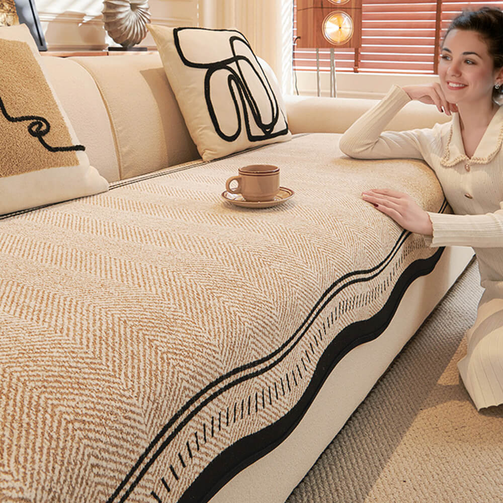 Antislip Herringbone Chenille Bankhoezen met Golvende Randen