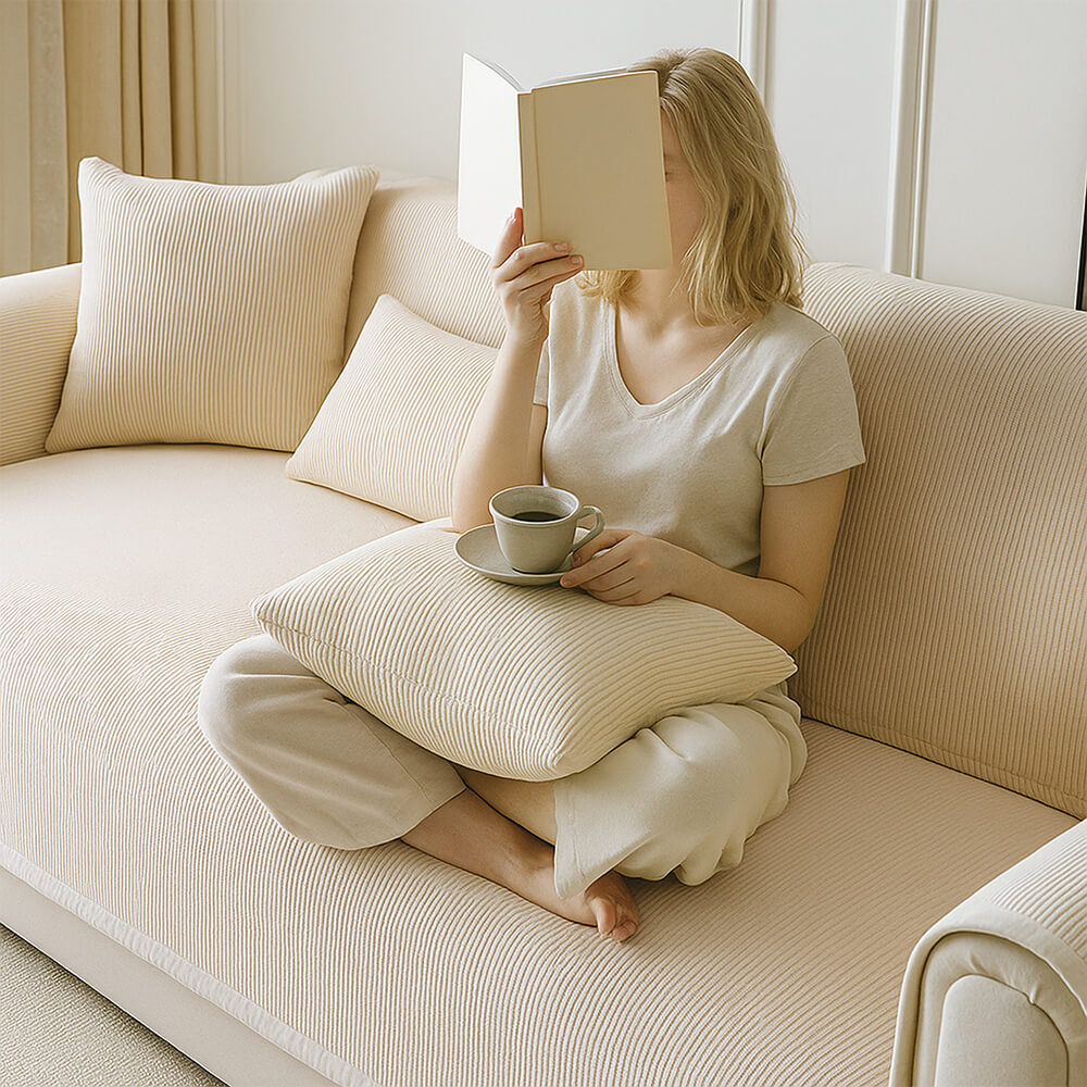 Moderne Crème Verticale Strepen Fleece Bankhoes voor Alle Seizoenen