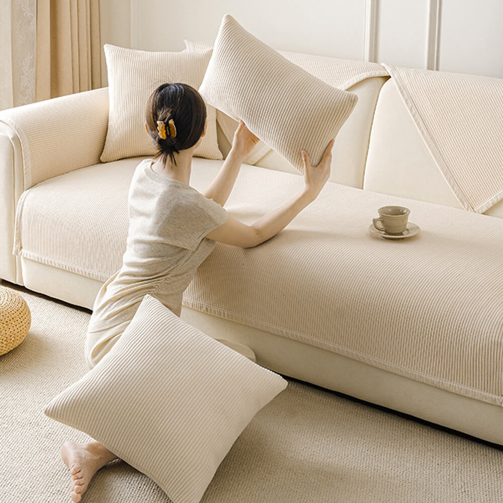 Moderne Crème Verticale Strepen Fleece Bankhoes voor Alle Seizoenen